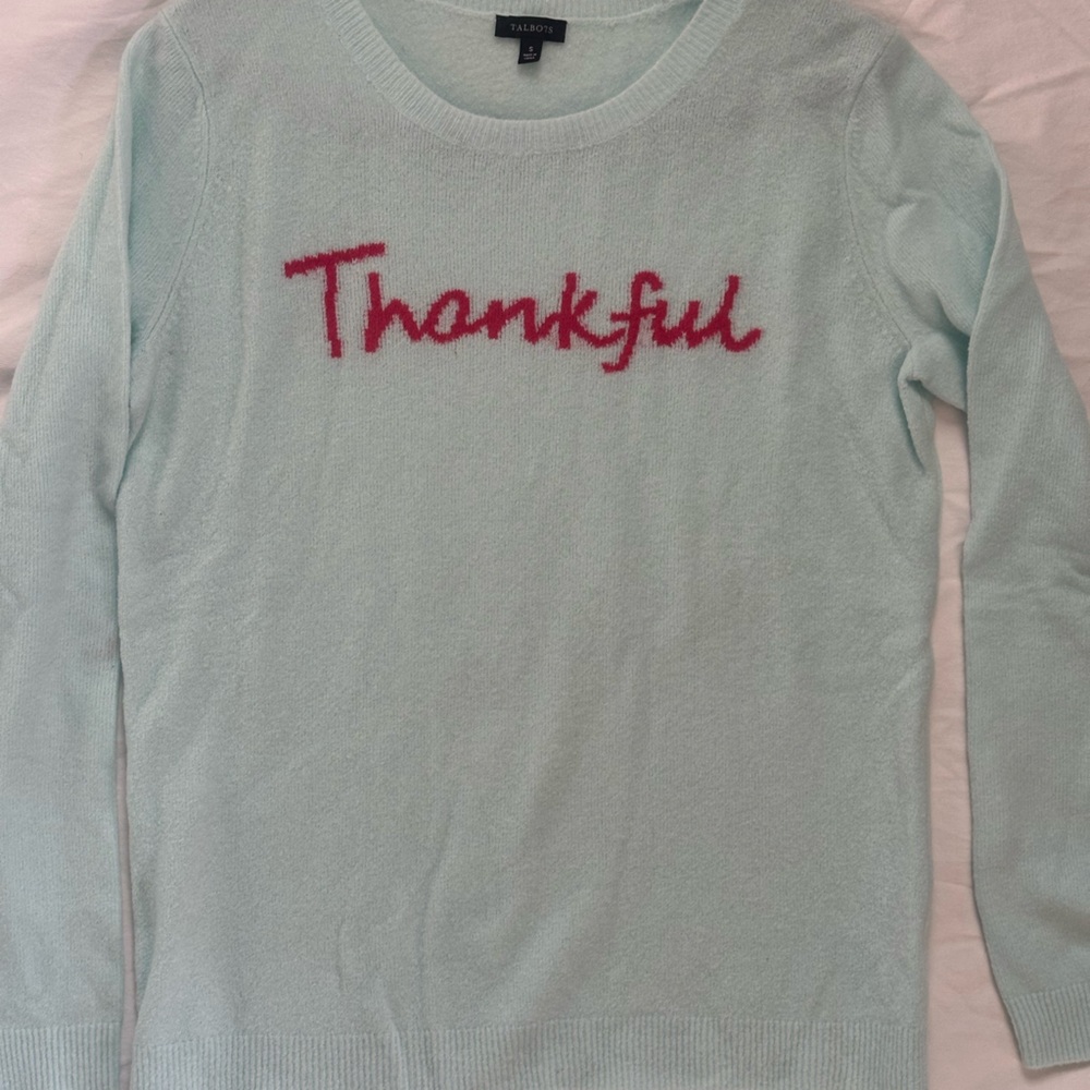 Talbots Light Blue Sweater with 'Thankful' Embroidery - Picture 4 of 6